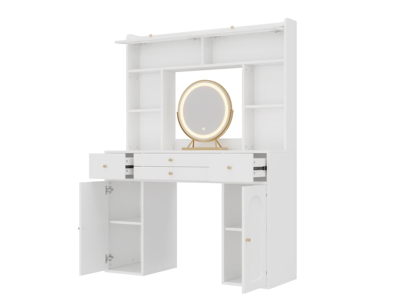  Coiffeuse 120 x 40 x 160 cm blanche, mdf, verre et bambou, miroir rond éclairé, quatre tiroirs et rangements  - Conforama D