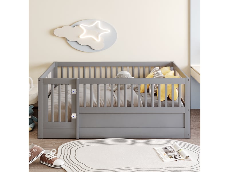  Lit enfant 140x200cm,lit double,lit au sol en bois massif avec clôture et 1 petite porte,gris lit enfant gris - Conforama B