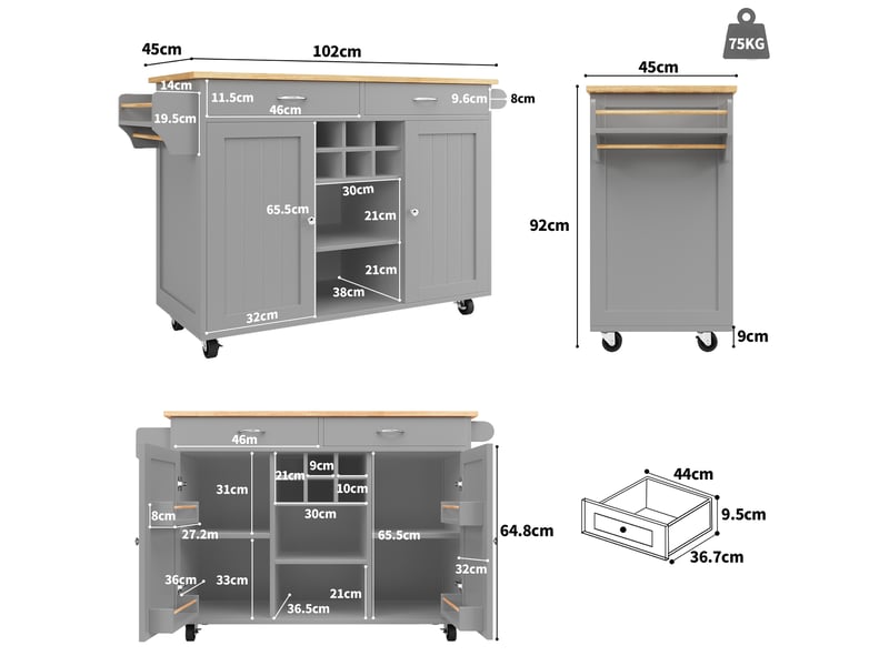 Desserte cuisine, îlot central sur roulettes avec plan de travail, range-bouteilles, dimensions 102 x 45 x 92 cm, mdf, gris - Conforama C