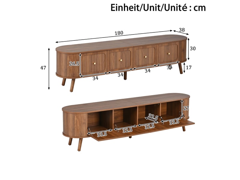  Meuble tv noyer 180 cm vintage bois 4 portes poignées dorées  - Conforama C