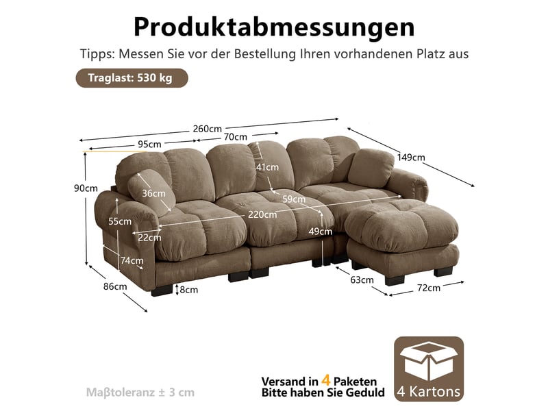 Canapé d'angle, canapé 3 places, avec pouf, style cloud, pour salon, mobilier pour espace de vie, marron - Conforama D