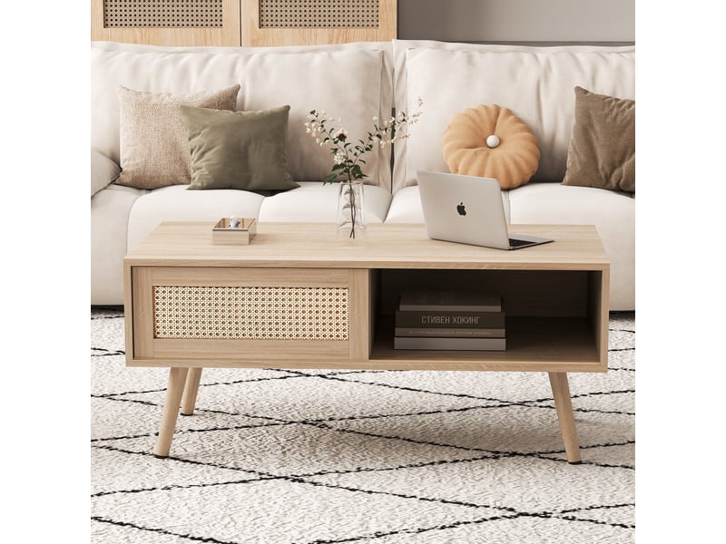  Table basse avec 1 porte coulissante et espace de rangement, pieds réglables, en mdf, bois naturel - uvrion  - Conforama C