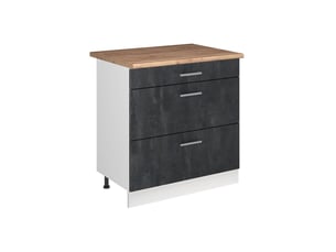 Vicco meuble cuisine, béton noirblanc, 80cm avec 3 tiroirs plan de travail chêne doré