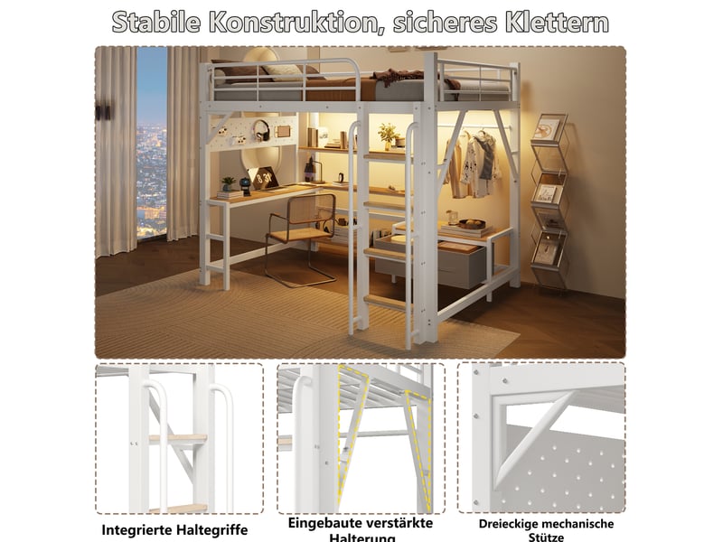  Lit mezzanine enfant 140 × 200 cm 2 places avec bureau, led, usb et rangements, sans matelas, blanc  - Conforama E