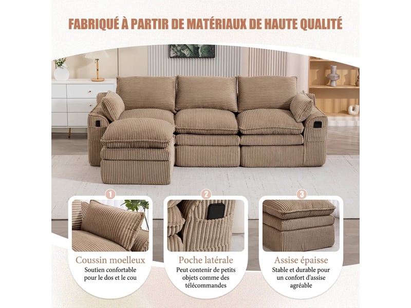  Canapé 3 places velours côtelé modulable avec pouf - kaki - mousse 3 couches et ressorts  - Conforama E