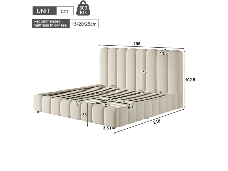  Lit double coffre hydraulique 180 x 200 cm avec sommier à lattes, velours beige  - Conforama C