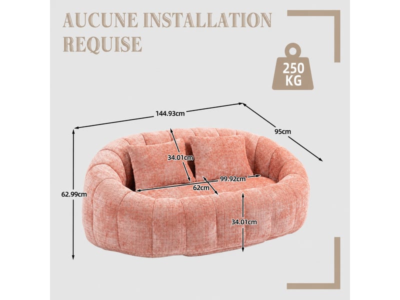 Canapé pouf 2 places lazy - 150 x 95 x 63 cm - avec 2 coussins et mousse à mémoire - chenille rose - Conforama C