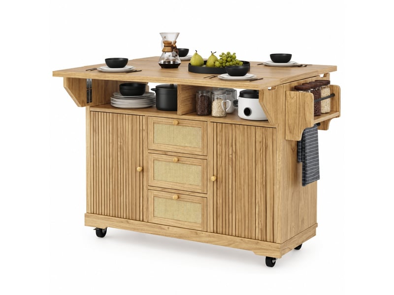  Desserte de cuisine pliable 142,5 x 80 x 95 cm sur roulettes, mdf, coloris naturel  - Conforama A