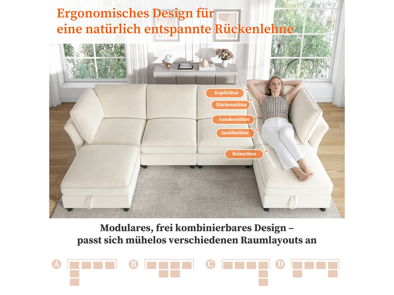  Canapé d'angle, canapé modulable, 6 places, en tissu chenille, beige, avec pouf, pour salon, appartement, chambre  - Conforama E
