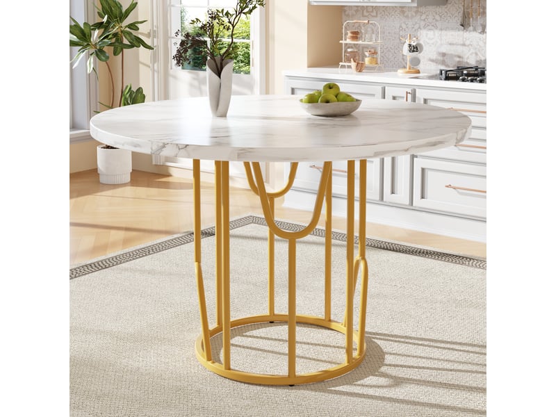 Table à manger d80xh76cm, table ronde, plateau en mdf avec motif de marbre, pied en métal, style design, blanc+doré - Conforama C