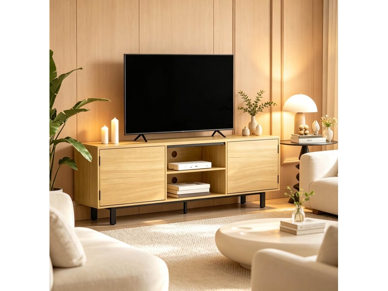 Meuble tv tcqpz 160 x 35 x 55,5 cm pour écran jusqu’à 65 pouces avec 2 portes et 2 niches bois naturel noir  - Conforama E