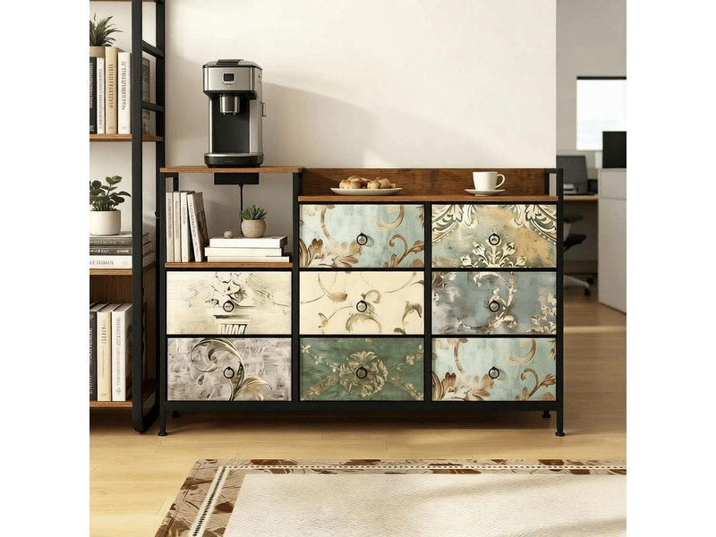Commode avec 8 tiroirs en tissu, niche ouverte, prises et ports usb pour chambre ou une entrée, 132 × 29 × 88 cm - Conforama B
