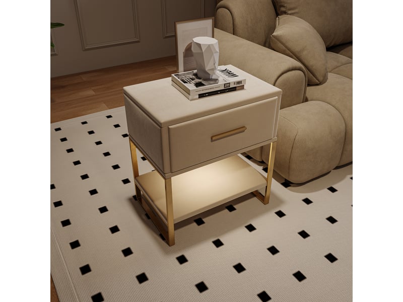  Table de chevet en velours (lot de 2), poignées et pieds dorés, 40 x 31 x 50 cm, beige  - Conforama E