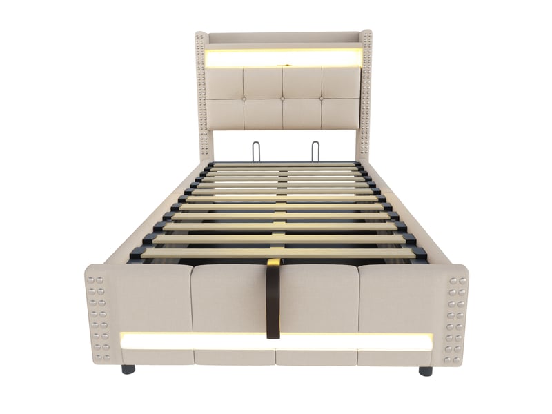 Lit coffre 90x200 cm avec led, charge et tête rangement, lin, beige, sans matelas - Conforama D