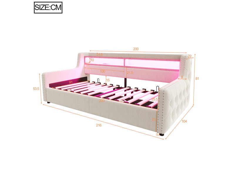  Canapé-lit 90x200 cm avec rangement hydraulique, led et ports de charge beige  - Conforama E