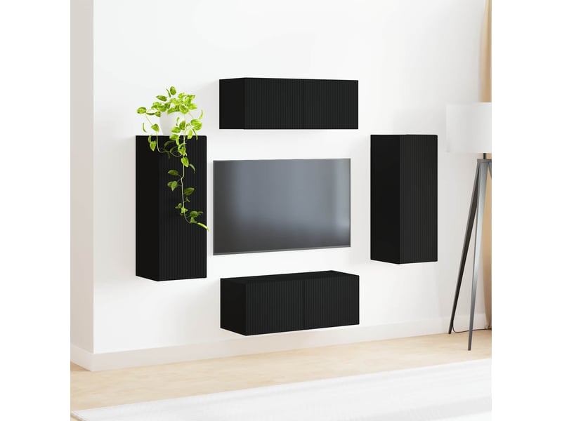  Ensemble de meuble tv - banc tv - meuble de rangement mural 4 pcs noir bois d'ingénierie  - Conforama D