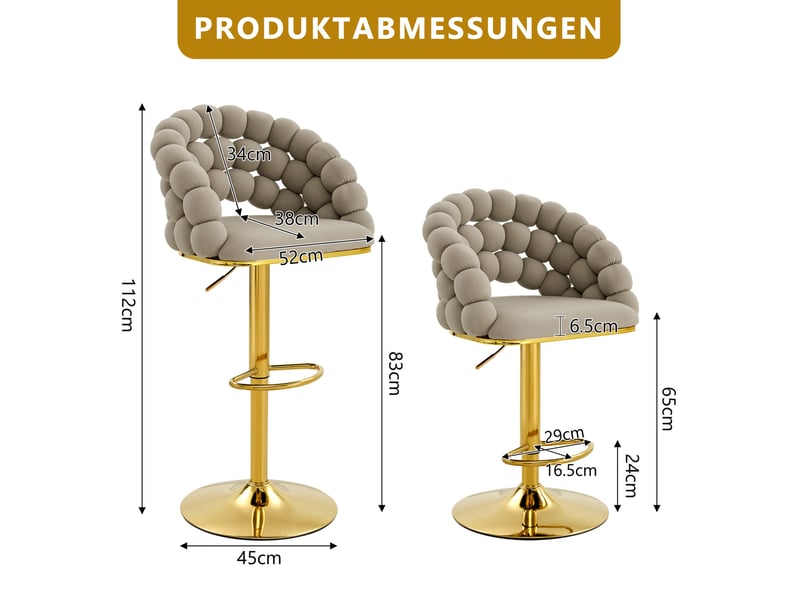  Tabouret de bar 2 pièces avec hauteur réglable, dossier à chaînes sphériques et structure métallique, en velours gris  - Conforama D