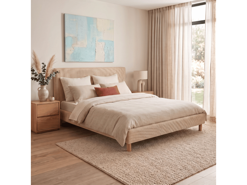 Lit prince 200x200 cm - tissu mesh 3d beige – tête de lit et sommier à lattes bois inclus C02-LTF49 200/200 3DBE - Conforama B