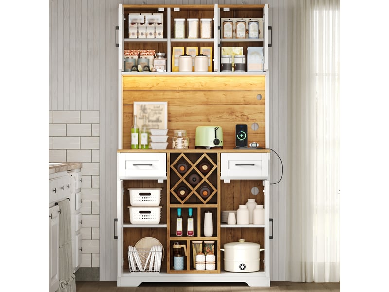  Buffet haut de cuisine avec 2 tiroirs, casier à vin, led et prises, en mdf, pour séjour, 105×40×180 cm, blanc naturel  - Conforama B