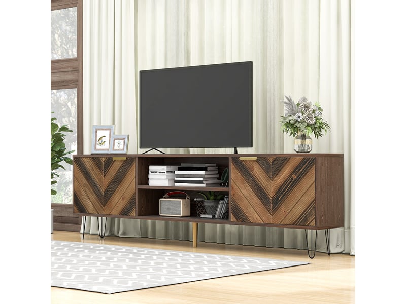  Meuble tv bois massif 155 cm avec 2 portes et pieds en métal, finition naturelle  - Conforama E