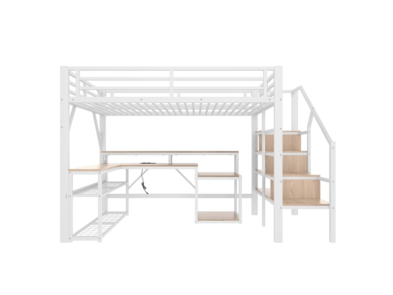  Lit mezzanine 140x200 cm avec bureau intégré, led pilotable et escalier de rangement, métal et mdf, blanc, sans matelas  - Conforama A