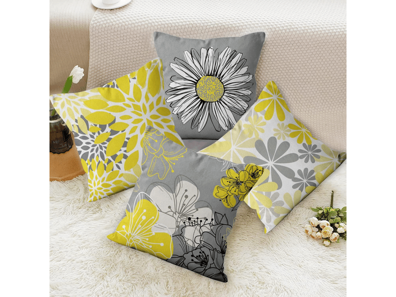  Housse de coussin jaune 45 x 45 cm set de 4, jaune et gris fleurs décoratives taies d'oreiller moderne marguerite ferme boho housse de coussin en lin Home cushion cover - Conforama E