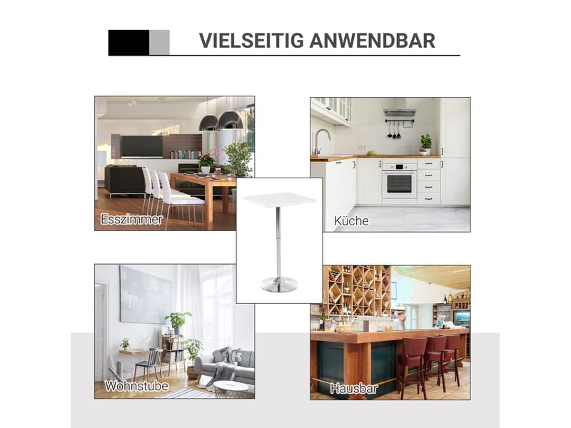  Table de bistrot réglable carrée 60x60 cm en mdf blanc et acier, style moderne pour cuisine ou jardin  - Conforama E