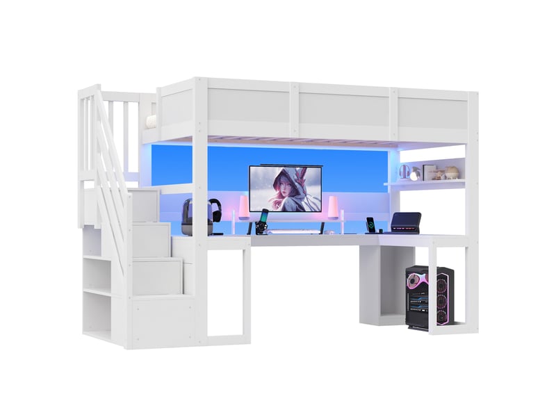  Lit mezzanine gamer avec bureau intégré 90x200cm led usb escalier rangement blanc  - Conforama A