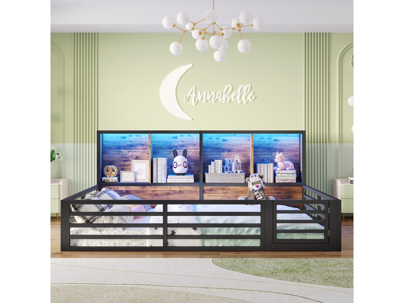  Lit jeune 140x200 cm, led, rangement latéral, barrières sécurité, sommier, métal + mdf, noir, sans matelas  - Conforama W