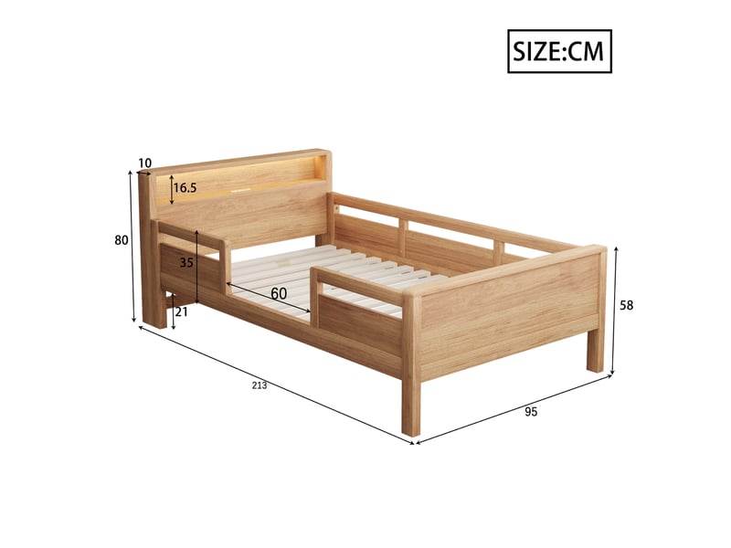  Lit enfant 90x200 en pin avec tête de lit rangement, led et ports usb, barrière de sécurité  - Conforama C