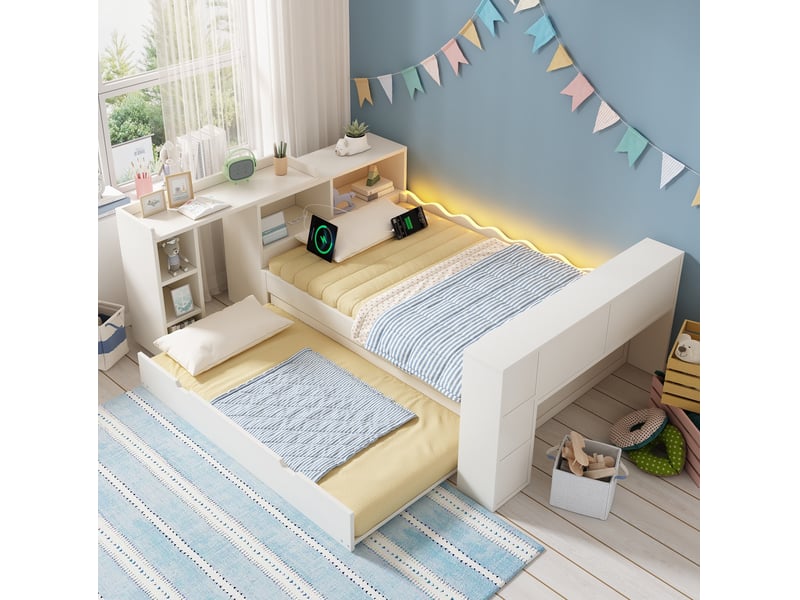  Lit simple 90x200 cm avec lit gigogne 90x190 cm, led et bureau, coloris blanc  - Conforama B