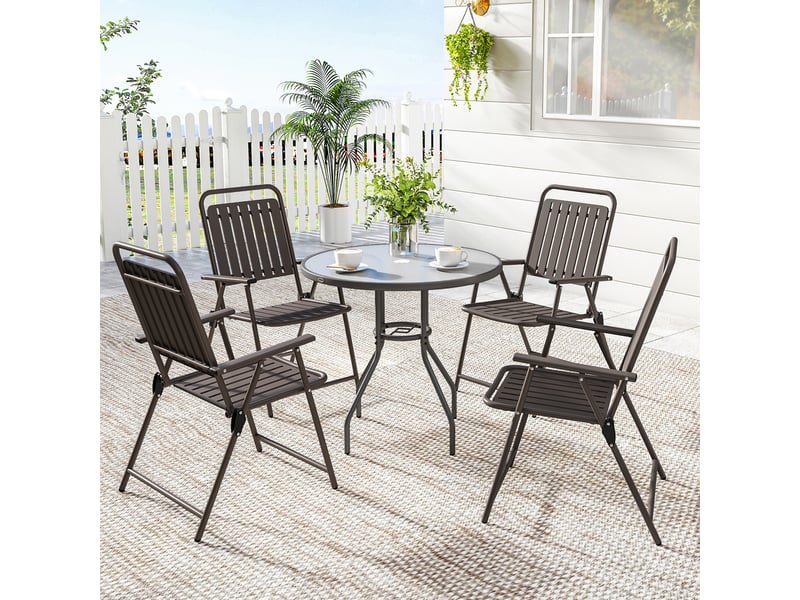  Ensemble de 4 chaises de jardin pliantes avec accoudoirs, dossier et assise, structure en métal, 55 x 63 x 93 cm, marron  - Conforama D