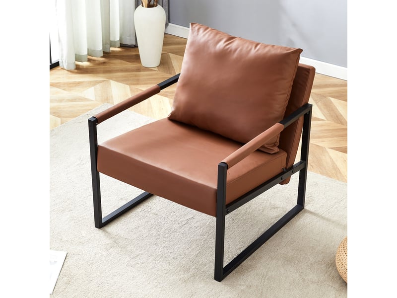  Fauteuil de lecture moderne 68.5x75.4x78cm - avec piétement en métal noir  – canapé individuel pour salon, chambre et bureau – cuir - marron  - Conforama D