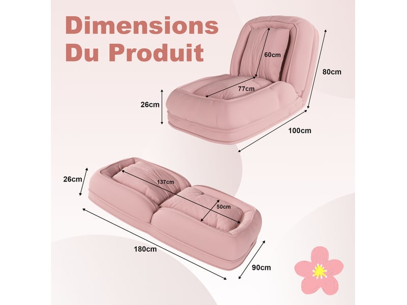  Canapé-lit pliable 80x22x87 cm, 5 positions réglables, ergonomique, multifonction, structure en métal, couleur rose  - Conforama C