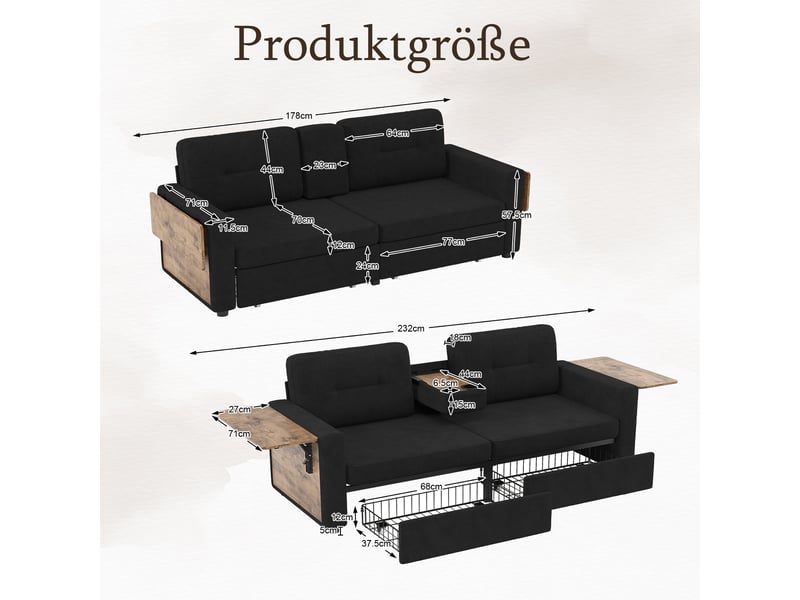  Canapé droit 2 places en chenille 178 x 71 cm avec rangement intégré, tablette rabattable, porte-gobelets et assise réglable - noir  - Conforama C