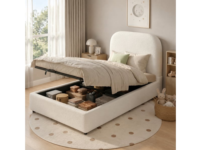  Lit coffre enfant 1 place 90×200 cm avec tête rembourrée - okmyhome- bouclette beige, sans matelas  - Conforama B