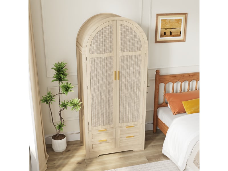  Armoire penderie 80x50x180 cm, portes courbées en rotin, tringle, tiroirs, étagères, grand rangement pour chambre - chêne  - Conforama E
