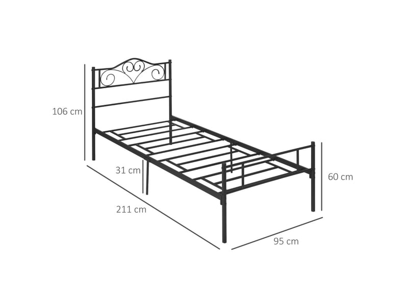  Lit simple 90 x 200 cm noir en métal, sommier à lattes intégré, tête et pied de lit, hauteur 106 cm  - Conforama C