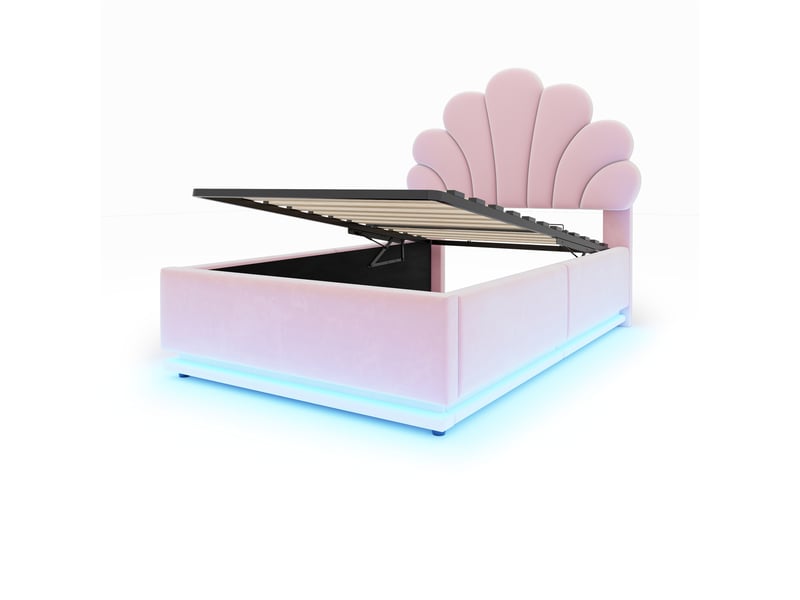  Lit enfant velours rose 90x200 cm avec tête de lit fleur, rangement hydraulique et led  - Conforama E