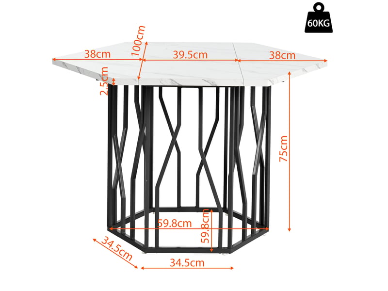 Table hexagonale moderne 115,5x100x75 cm, support en forme de branche, blanc et noir, panneau mdf imitation marbre (non en marbre) - Conforama C
