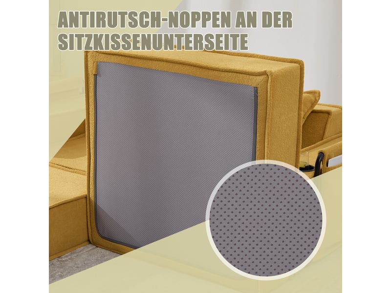 Canapé 2 places en chenille jaune moutarde avec 2 coussins et rangement latéral intégré pratique - Conforama W