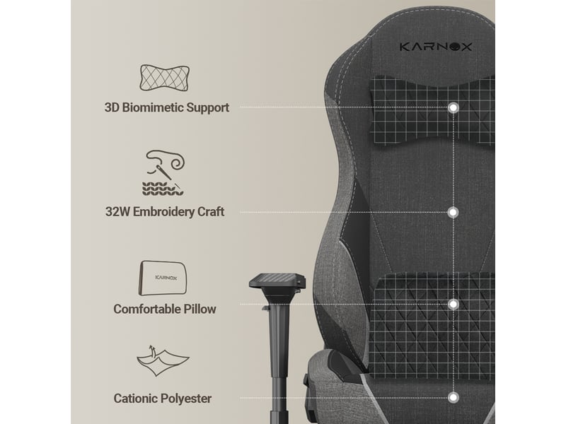  Chaise gaming ergonomique en tissu gris foncé, dossier haut, appuie-tête et soutien lombaire, inclinable à 155° avec verrouillage  - Conforama W