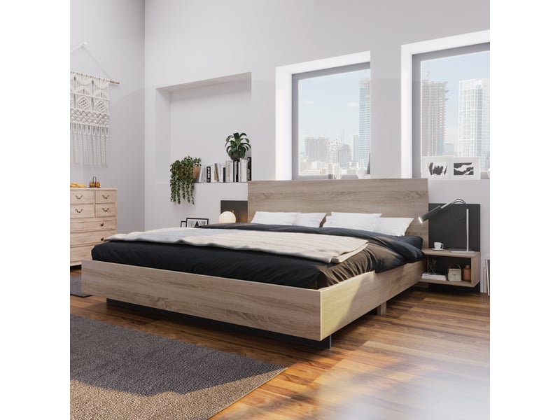 Ensemble de lit double 160x200 cm en bois moderne avec 2 tables de nuit, chambre à coucher complète - chêne sonoma et gris foncé Morn Vibe - Conforama C