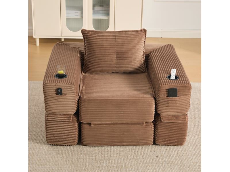Canapé convertible modenvie 1 place en velours côtelé marron avec mousse, ressorts, rangements et porte-gobelet 122 x 98 x 80 cm - Conforama B
