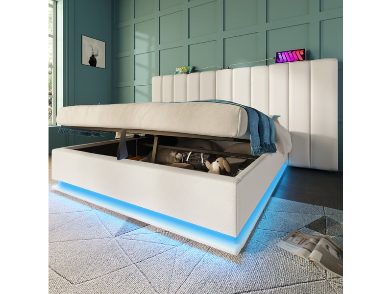  Lit coffre 160 × 200 cm 2 places avec led, usb-c et rangement hydraulique, matelas inclus, pu blanc  - Conforama C