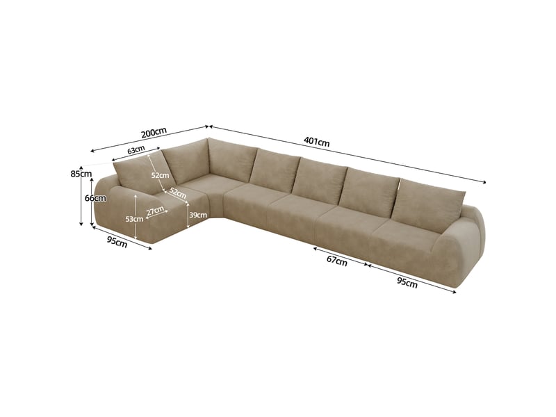 Canapé d'angle gauche 6 places en mousse haute élasticité, sans outils, en chenille kaki, 401 × 200 × 85 cm - Conforama C
