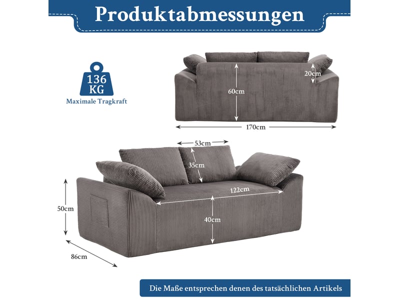 Canapé droit 2 places avec assise profonde en mousse à mémoire, poches latérales, en tissu brun gris 170 × 86 × 60 cm - Conforama E
