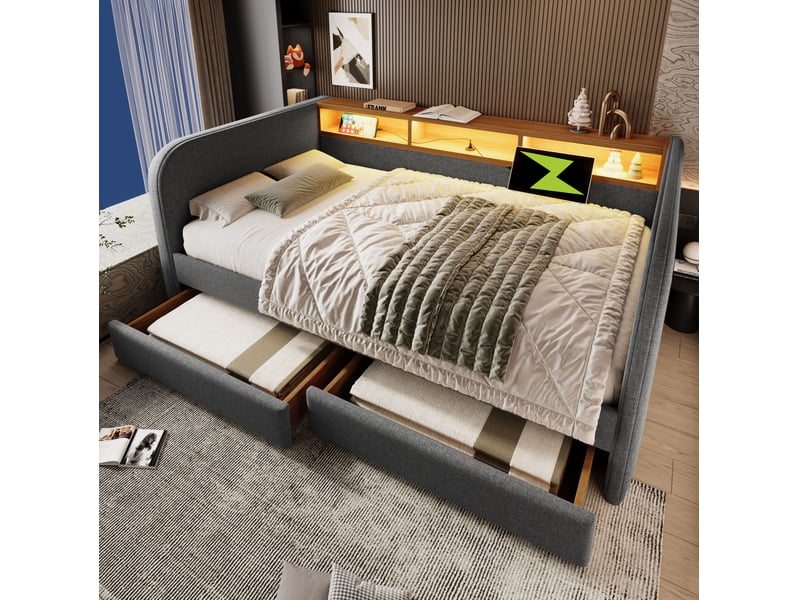  Lit de jour 140 x 190 cm gris en lin avec led, usb-c, rangement et 2 tiroirs  - Conforama D