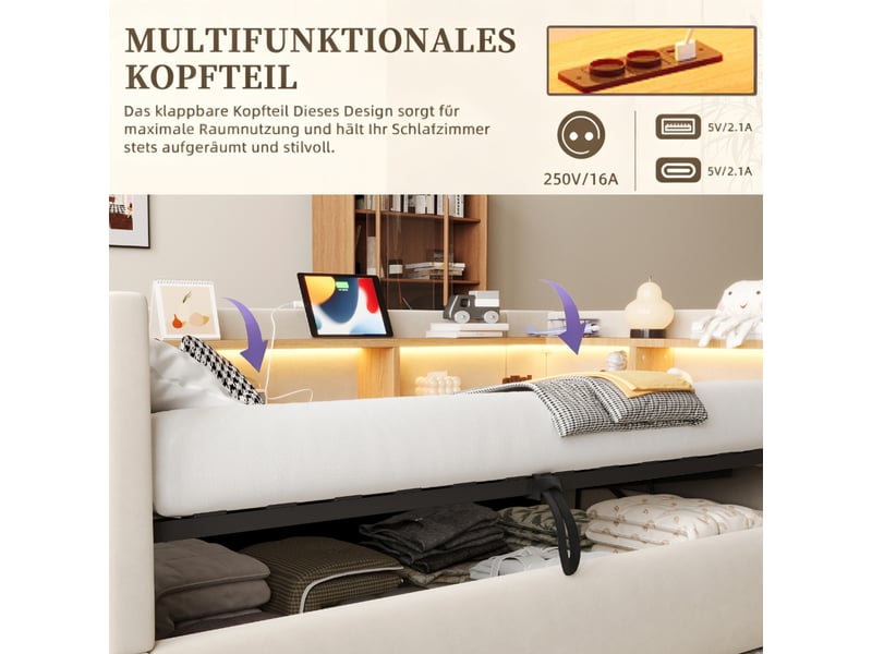  Canapé-lit 90x190 cm, lit enfant, couchage d'appoint, rangement hydraulique, beige, led  - Conforama E