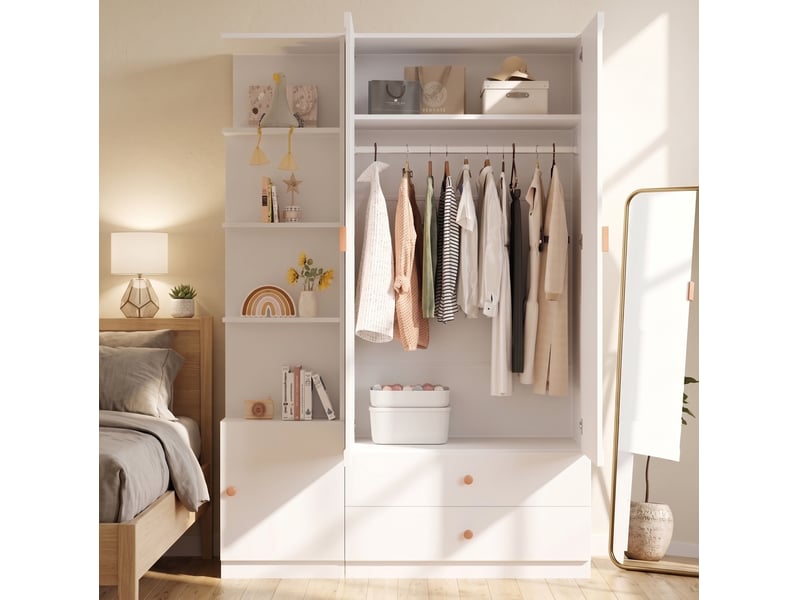 Armoire avec 2 tringles, 2 tiroirs et colonne latérale modulable pour chambre, en mdf, blanc, 135 × 45 × 200 cm - Conforama C